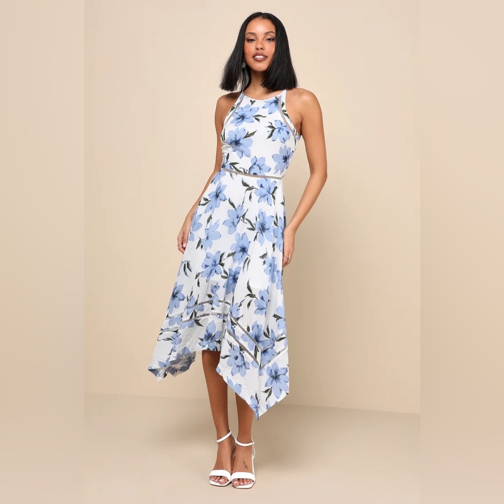 Blue and White Floral Print Midi